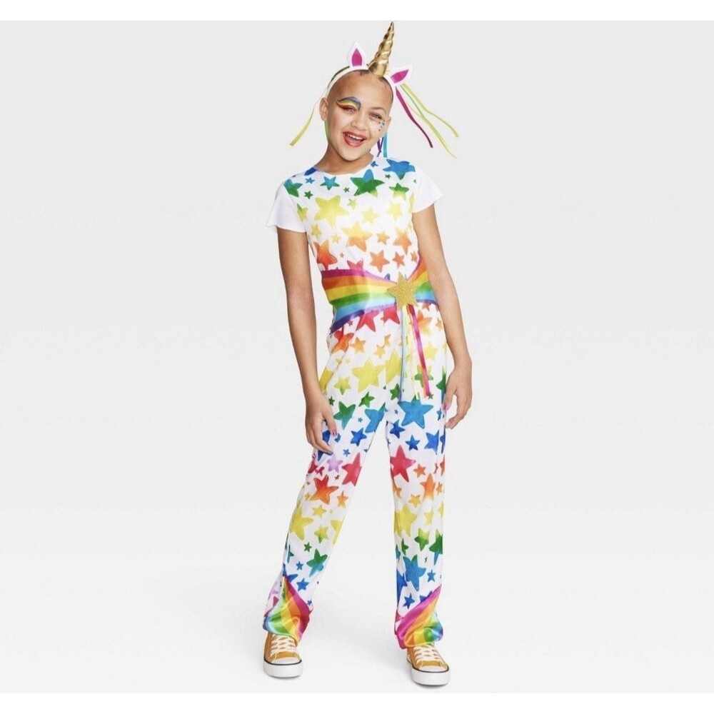 Hide And Eek Kid's Rainbow Unicorn Halloween Costume Jumpsuit Headband Sz Lg